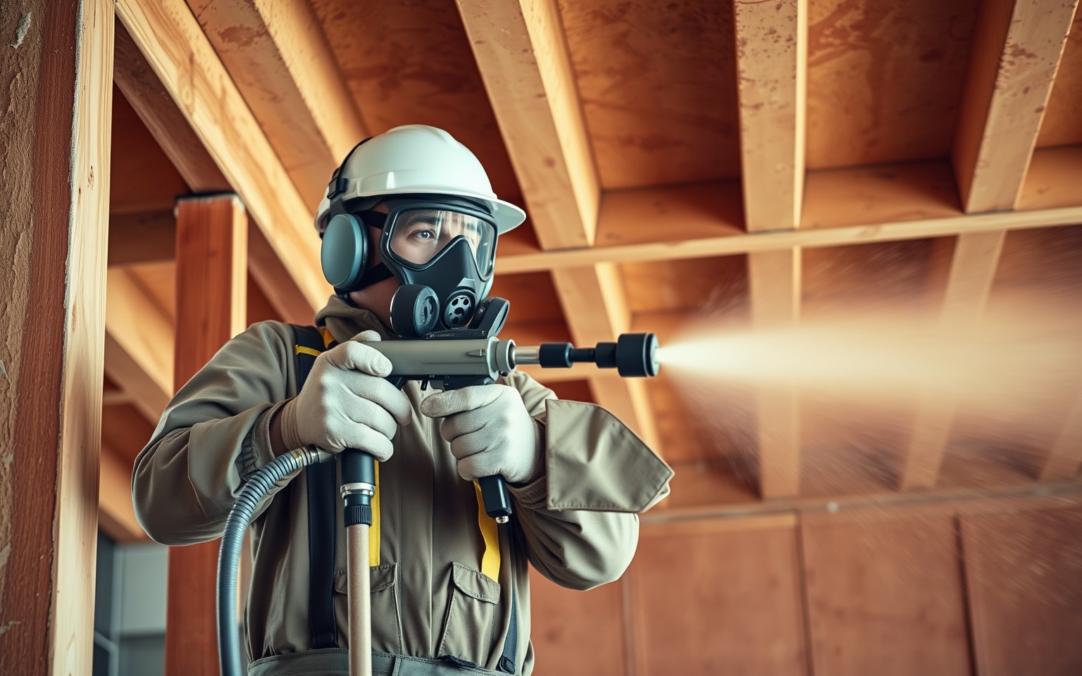 Installer developing hands-on spray foam application technique on a real job site